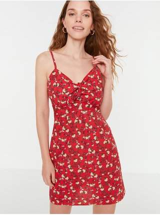 Červené dámské květované krátké šaty na ramínka Trendyol