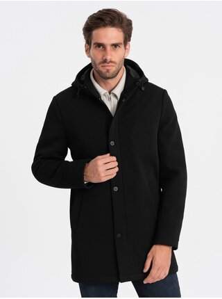 Černý pánský zateplený kabát s kapucí a skrytým zipem Ombre Clothing