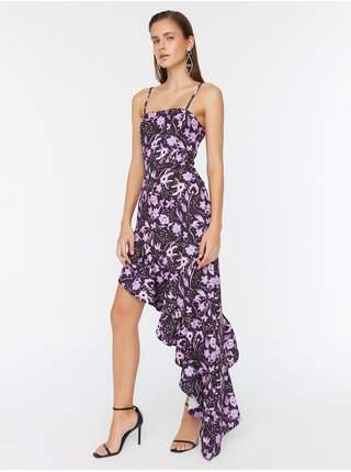 Fialové květované šaty s volánem Trendyol AKCE