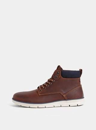 Hnědé pánské kožené kotníkové boty Jack & Jones Tubar kotníčková obuv