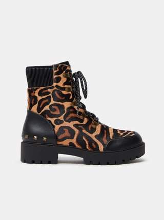 Hnědé dámské kožené kotníkové boty s leopardím vzorem Desigual Biker Leopard nejlevnější