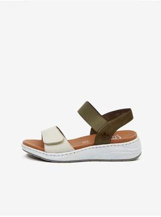 Khaki-bílé dámské kožené sandály Rieker výprodej
