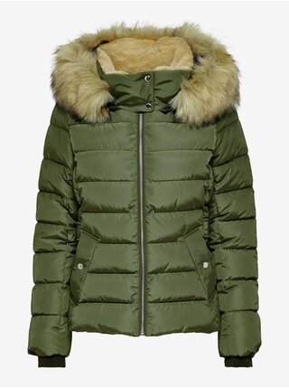 Khaki dámská prošívaná bunda s umělým kožíškem ONLY New Camilla VÝPRODEJ
