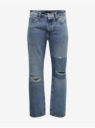 Modré straight fit džíny s potrhaným efektem ONLY & SONS