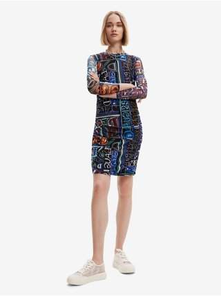 Modro-černé dámské vzorované pouzdrové minišaty Desigual Lettering nejlevnější