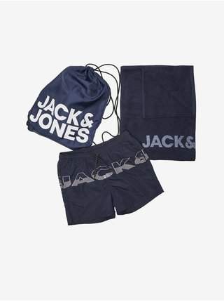 Sada pánských plavek, ručníku a vaku v tmavě modré barvě Jack & Jones Summer Beach výprodej