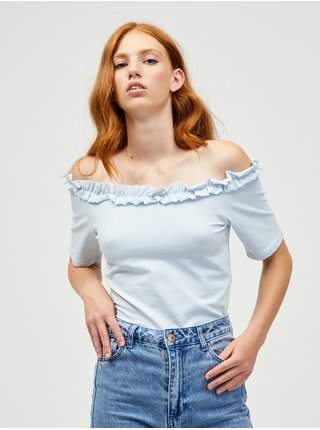 Světle modrý crop top s odhalenými rameny Pieces Leah AKCE