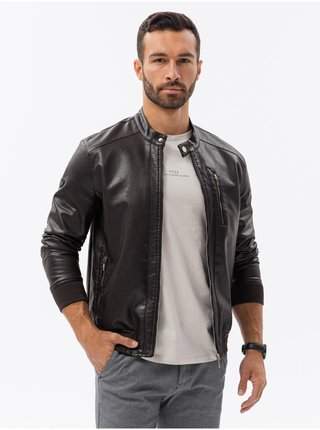 Tmavě hnědá pánská koženková bunda Ombre Clothing nejlevnější