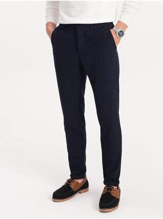 Tmavě modré pánské kostkované kalhoty Ombre Clothing