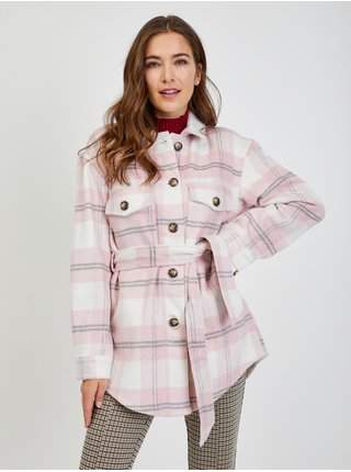 Bílo-růžová dámská kostkovaná košilová bunda se zavazováním ORSAY nejlevnější