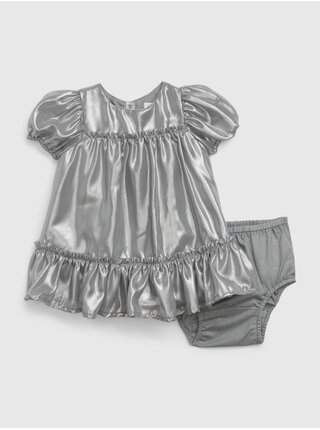 Sada holčičích saténových šatů s volánky a kalhotek ve stříbrné barvě GAP SLEVA