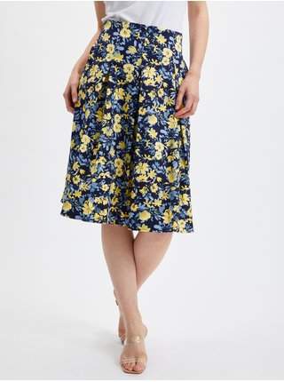 Žluto-modrá dámská skládaná květovaná sukně ORSAY LEVNĚ
