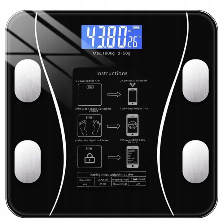 180 KG ANALYTICKÁ KOUPELNOVÁ VÁHA BLUETOOTH INTELIGENTNÍ RUHHY ČERNÁ