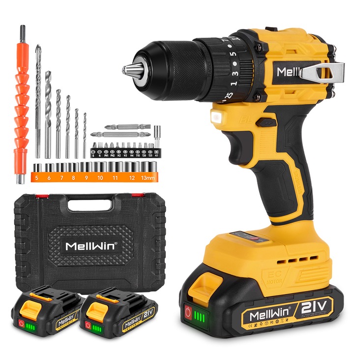 13MM Bezkartáčová elektrická vrtačka 25+3 Příklepová vrtačka/šroubovák + 2 baterie