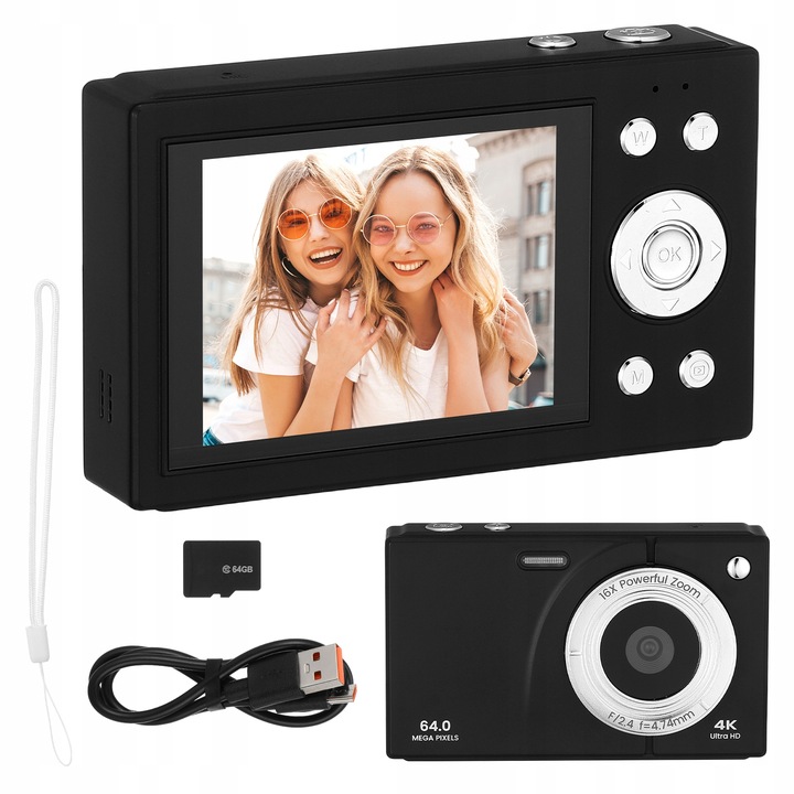 48MP 4K digitální fotoaparát s automatickým ostřením, 18x zoomem, IPS displejem s rozlišením 2,8" a 64GB kartou