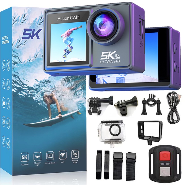 5K UHD SPORTOVNÍ KAMERA DVOUSTRANNÝ DISPLEJ 30M VODĚODOLNÁ + DÁLKOVÉ OVLÁDÁNÍ