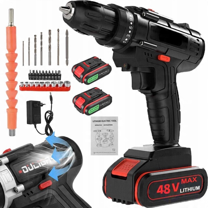 AKU VRTAČKA PŘÍKLEPOVÝ S PŘÍKLEPEM SADA NÁŘADÍ +2xAKU +VRTÁKY 48V