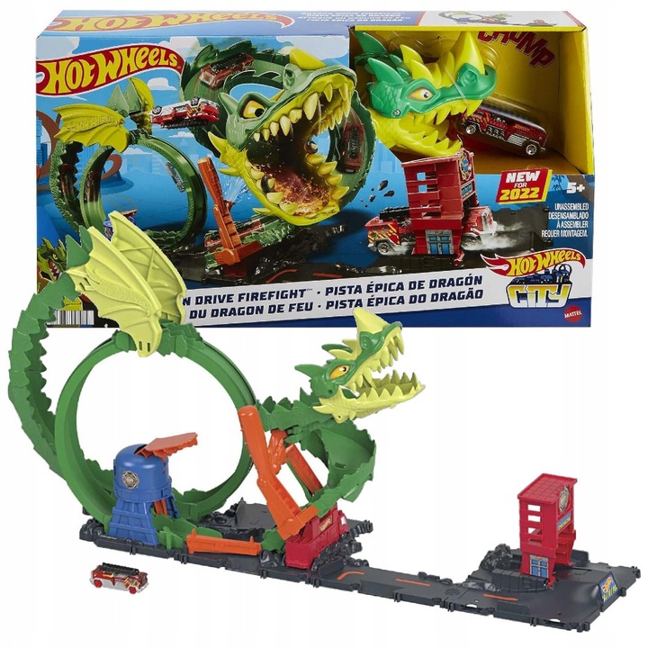 AUTODRÁHA HOT WHEELS DRAČÍ SMYČKA HASIČSKÁ STANICE + AUTÍČKO