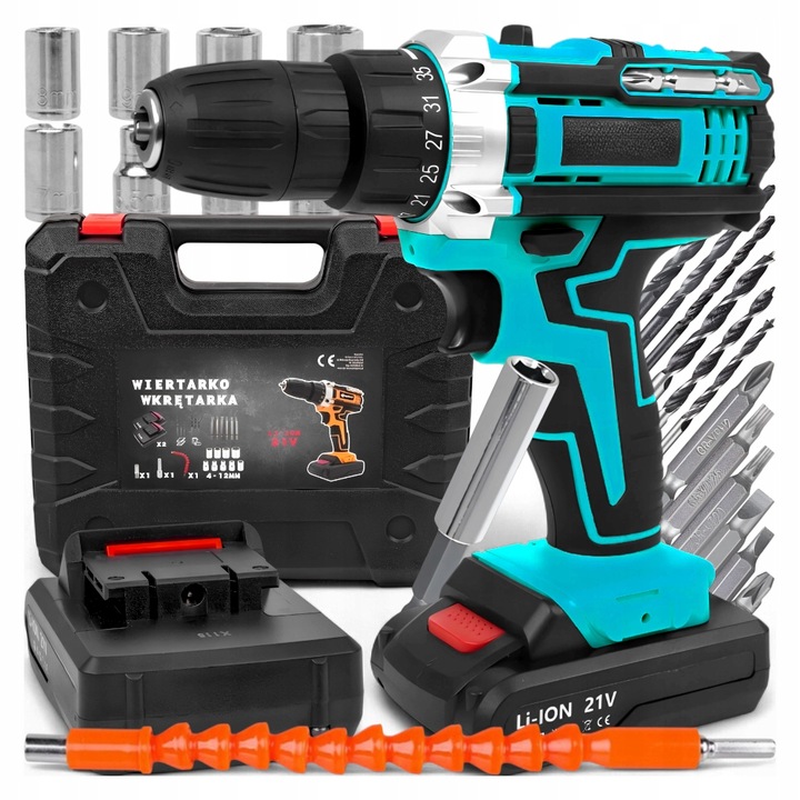 AKUMULATOROVÁ AKU VRTAČKA /ŠROUBOVÁK 21V 2xACU SADA BITŮ A NÁSTROJŮ
