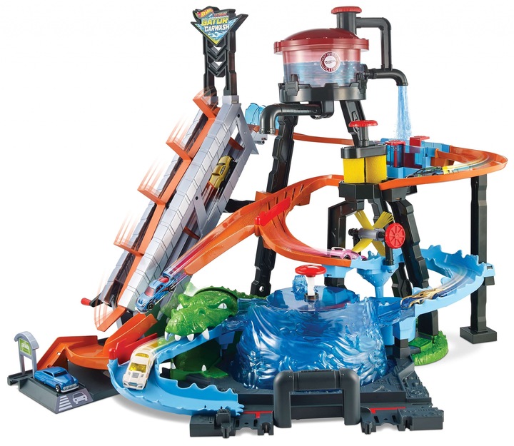 Autodráha Mattel Hot Wheels City FTB67 Mega Myčka s Útokem Krokodýla