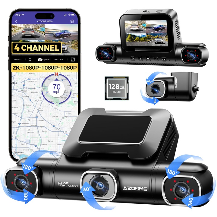 AZDOME Kamera Automobilová 4K 360 stupňů 128 GB WiFi IR noční parkovací režim