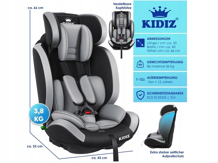 Autosedačka pro děti 5 BODOVÁ 9 - 36 kg 1-12 let KIDIZ