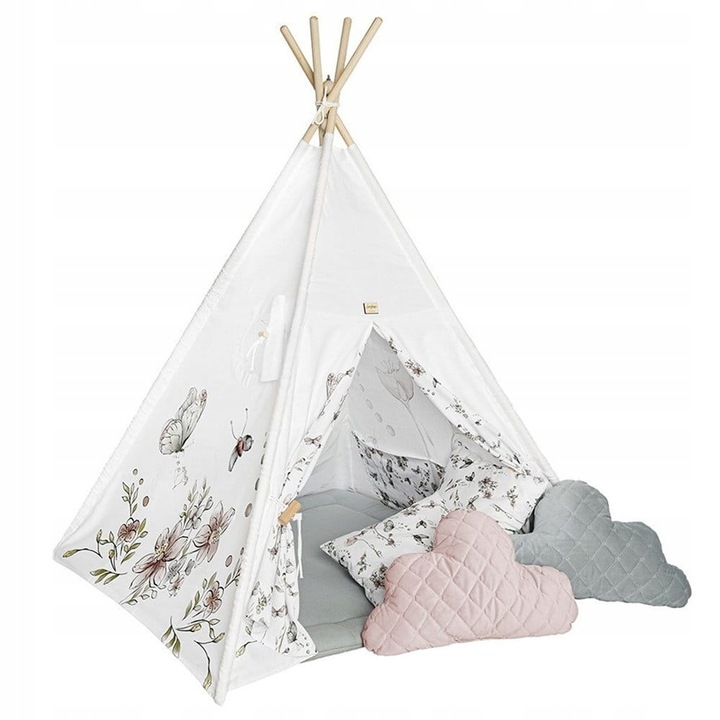 BABYSTEPS Tipi pro děti Stan Wigwam Nature se 4 ozdobnými polštářky