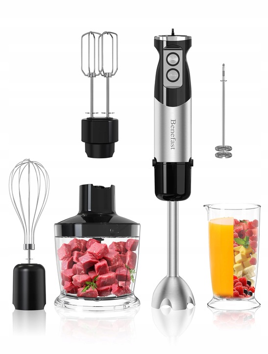 BENEFAST Ruční mixér 6v1 ocelový 1000 W 12 rychlostí Turbo pro polévky a saláty