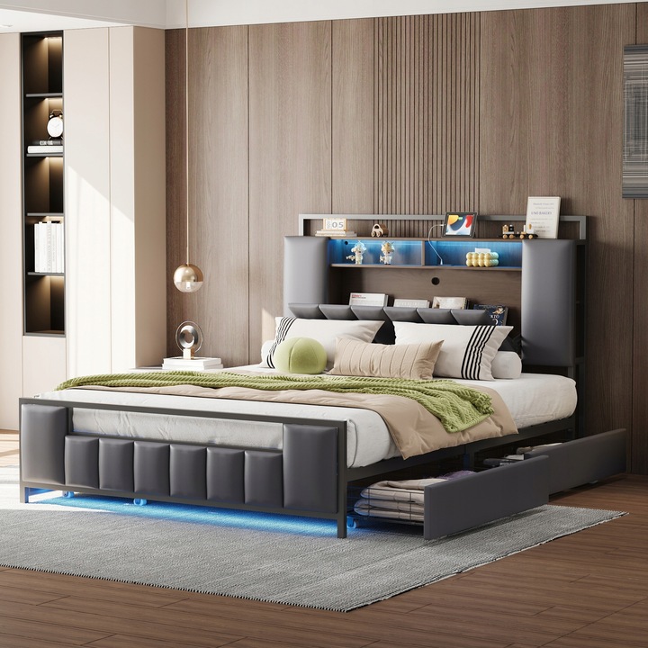 Čalouněná manželská postel 160*200 cm LED světlo USB šuplík šedá