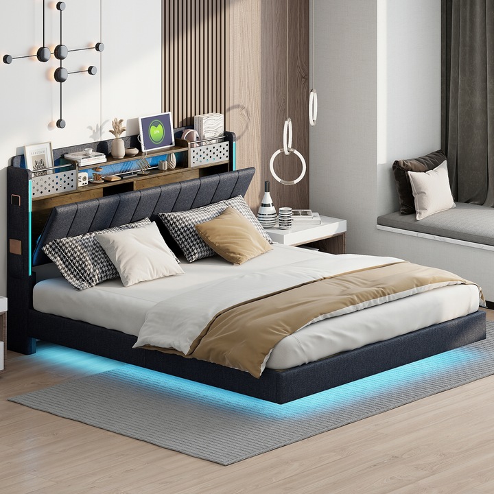 Čalouněná plovoucí postel 160*200 s LED osvětlením USB zásuvka