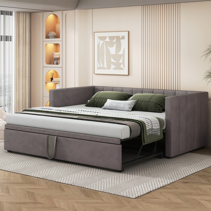 Čalouněná pohovka s funkcí spaní 90/180*200 cm s výsuvným lůžkem, šedá