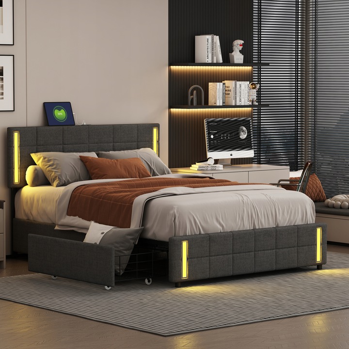 Čalouněná postel 140*200cm s LED zásuvkou a 4 zásuvkami šedá