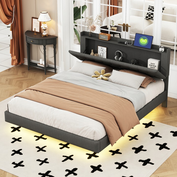 Čalouněná postel 160*200 cm, manželská postel USB dioda lněná šedá