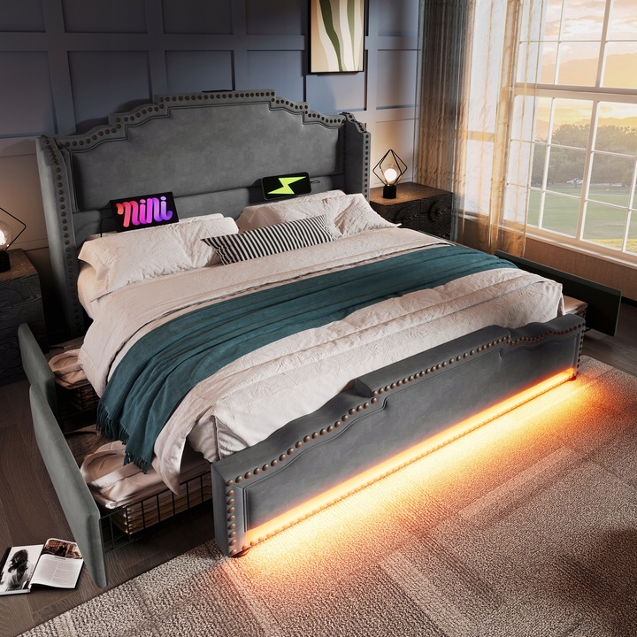 Čalouněná postel, dvoulůžko 4 zásuvky 140 x 200 cm USB-C LED šedá