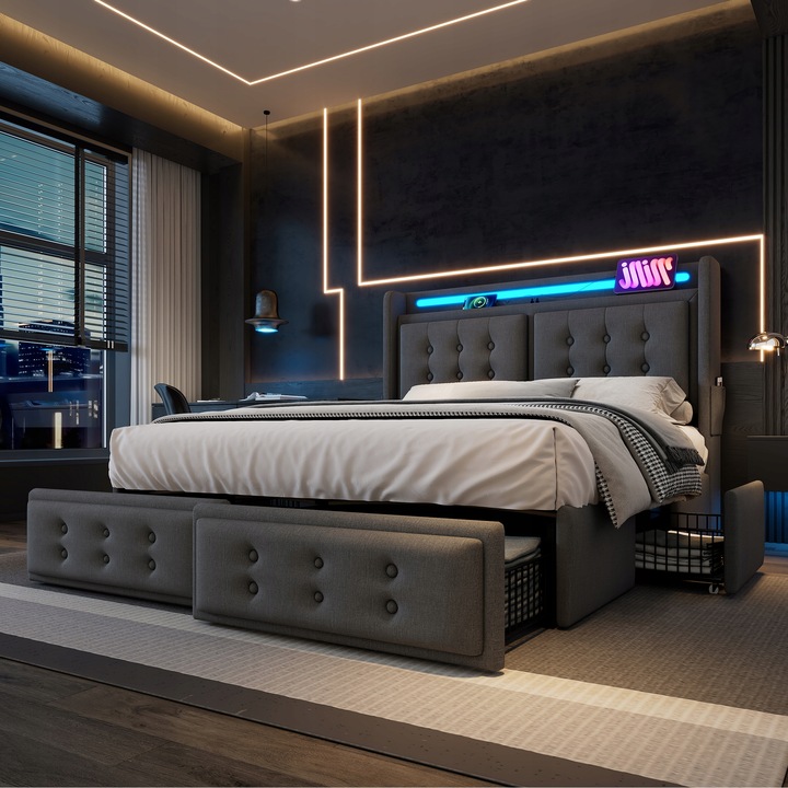 Čalouněná postel rozměry 180x200cm LED USB Type-C 4 šuplíky šedá