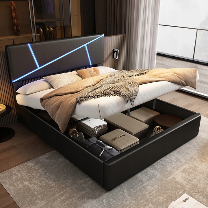 Čalouněná LED osvětlovací postel 140*200 cm, hydraulické dvojlůžko