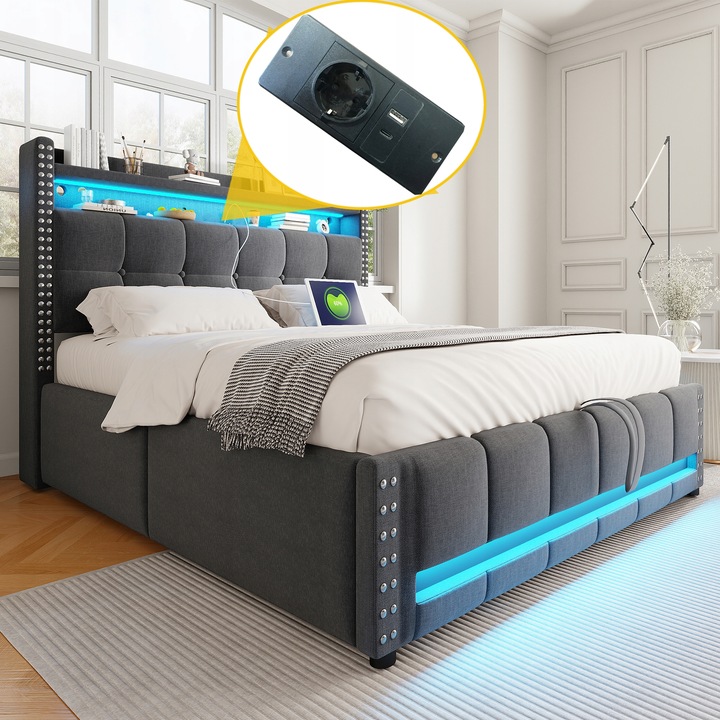 Čalouněná postel 140*200 cm dvoulůžková LED USB Hydraulická šedá