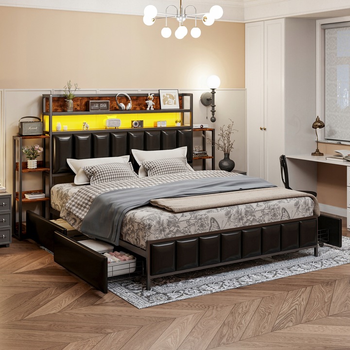 Čalouněná postel 160*200 cm LED s úložným prostorem Manželská postel černá