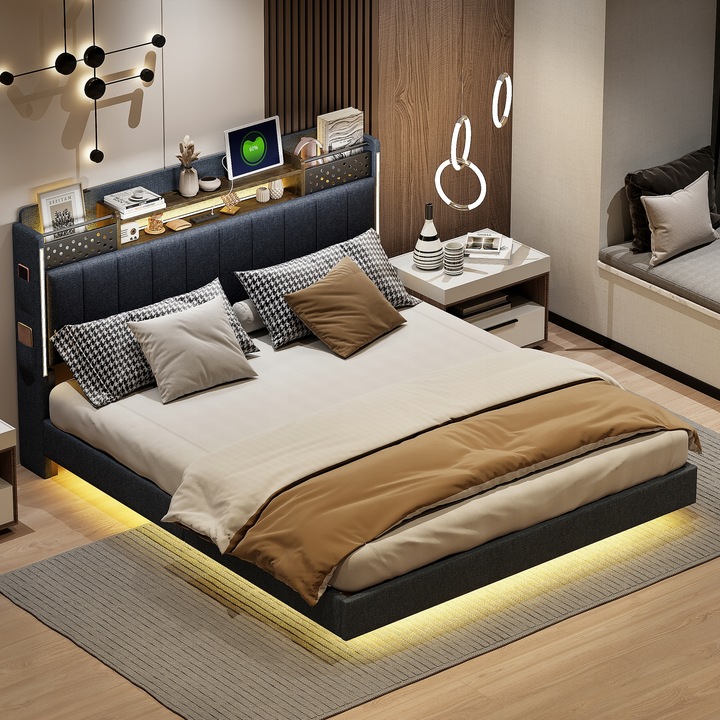 Čalouněná postel 160*200 plovoucí postel LED USB skladováním šedá