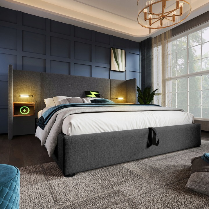 Čalouněná postel 160×200cm nočním stolkem lampičkou a USB typu C šedá