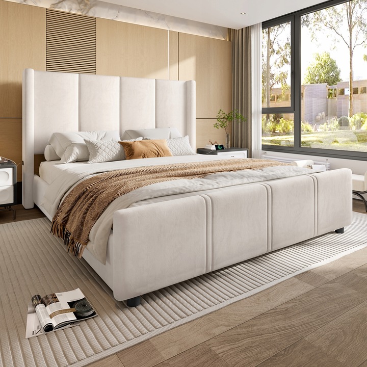 Čalouněná postel Dvojlůžko Závěsné lůžko 160x200 cm USB Bílá
