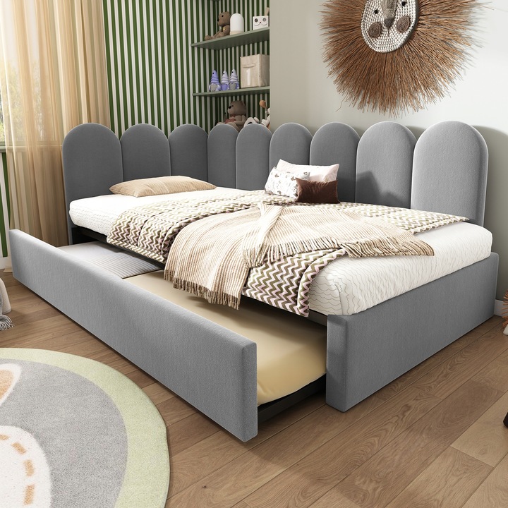 Čalouněná postel Sofa dětským lůžkem 90x200 cm s výsuvným lůžkem šedá