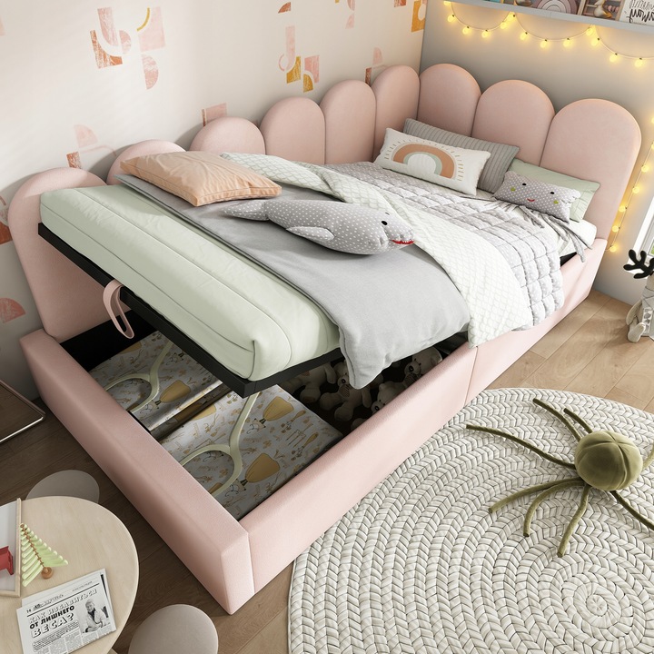 Čalouněná postel Sofa s dětským lůžkem 90 x 200 cm Hydraulicky růžová