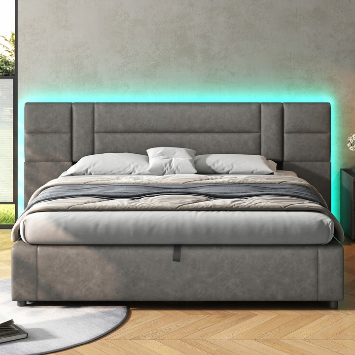 Čalouněná LED postel 160 x 200 cm, hydraulická postel, s LED osvětlením nejlevnější