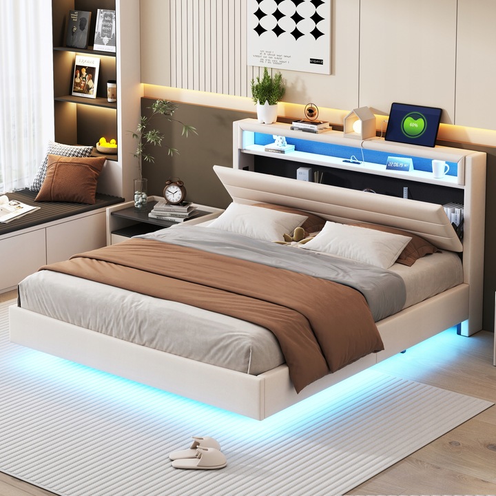 Čalouněná postel 160*200 cm, manželská LED postel USB béžová povlečení
