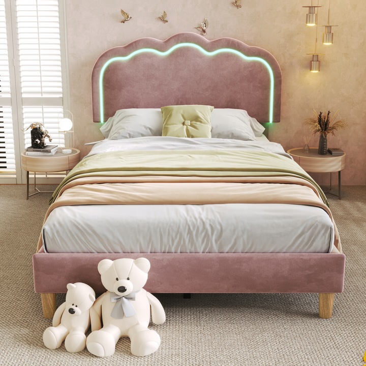 Čalouněná postel LED jednolůžko 90 x 190 cm len růžová