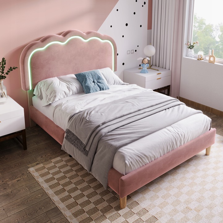 Čalouněná postel LED jednolůžko 90 x 200 cm nastavitelná růžová