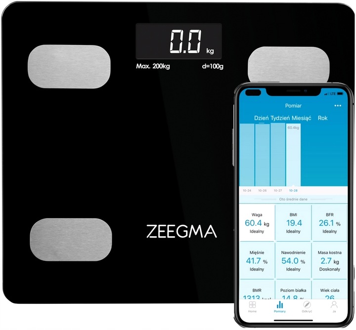 CHYTRÁ KOUPELNOVÁ VÁHA BLUETOOTH ANALYTICKÁ APLIKACE ZEEGMA 17V1