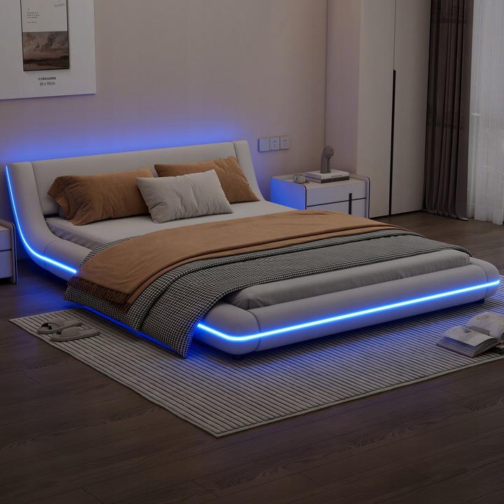 Dvojlůžko čalouněné o rozměrech 140*200 cm PU LED s dálkovým ovládáním, bílá barva