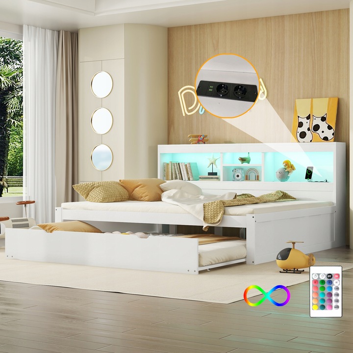 Dětská rozkládací pohovka 140*200 cm Výsuvná postel + USB LED bílá